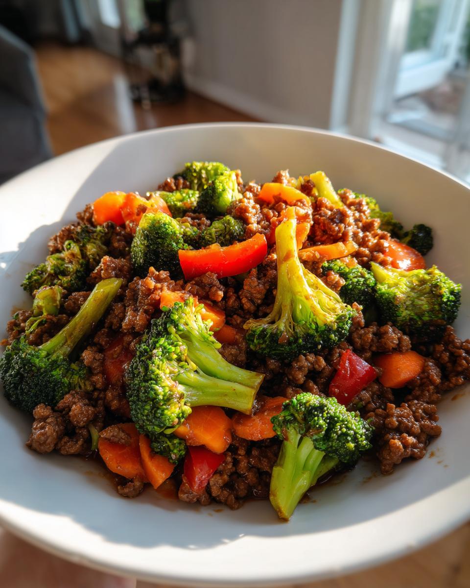 A close-up of a white bowl filled with flavorful ground beef stir fry mixed with bright green broccoli florets and orange carrots.