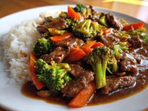 Close-up of a plate featuring a savory ground beef stir fry with bright green broccoli florets and orange carrots, served alongside white rice.