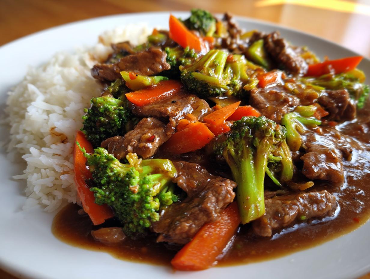 Close-up of a plate featuring a savory ground beef stir fry with bright green broccoli florets and orange carrots, served alongside white rice.