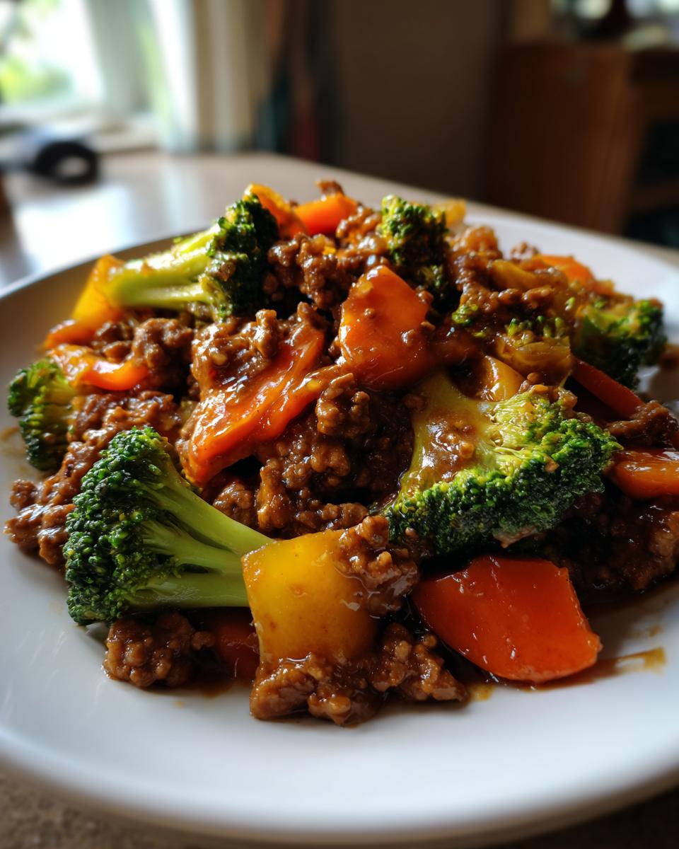 A close-up shot of a hearty portion of ground beef stir fry mixed with bright green broccoli florets and orange/yellow bell peppers.
