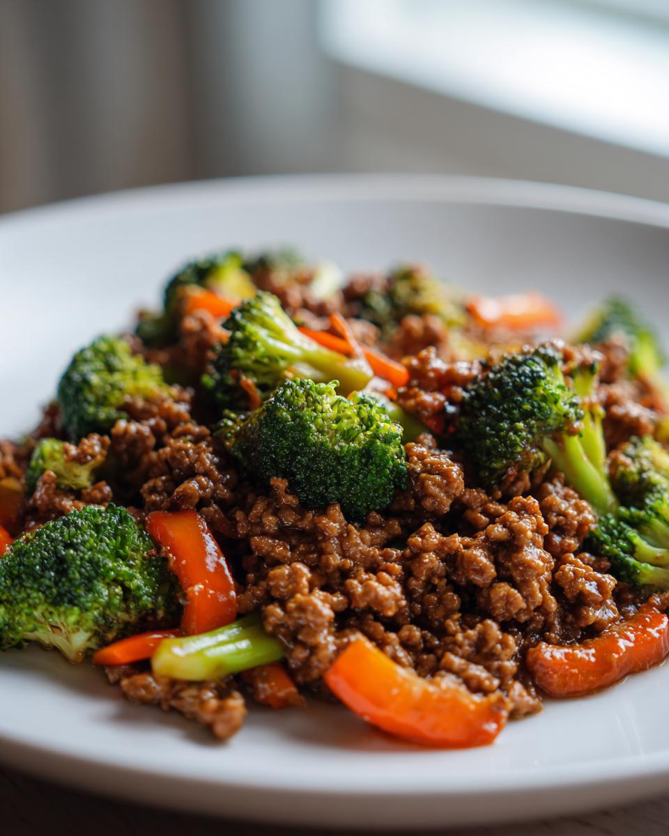 A close-up shot of a serving of ground beef stir fry mixed with bright green broccoli florets and slices of red bell pepper on a white plate.