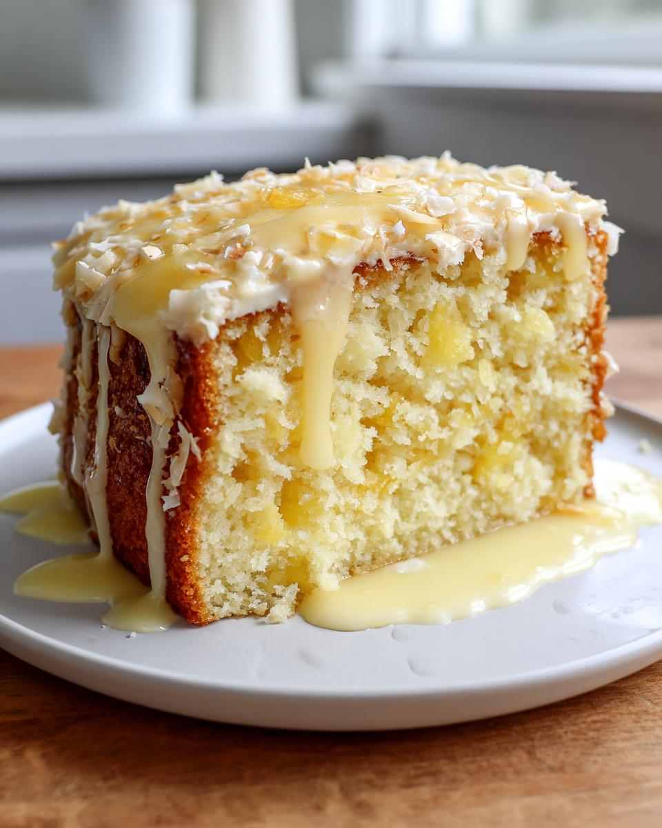 A close-up of a slice of moist Hawaiian wedding cake topped with coconut flakes and dripping with sweet pineapple glaze.