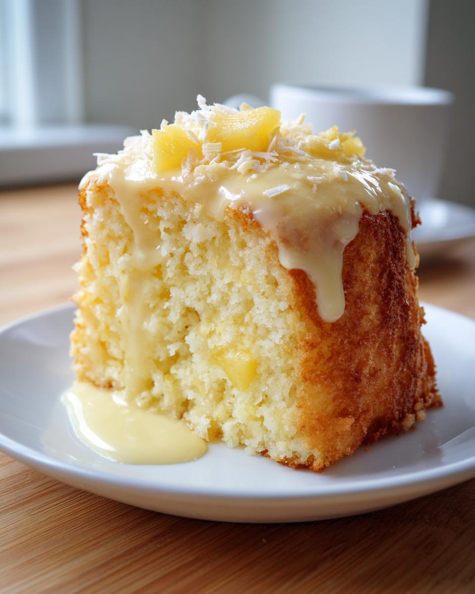 Close-up of a slice of moist Hawaiian wedding cake topped with creamy glaze, coconut flakes, and pineapple chunks.