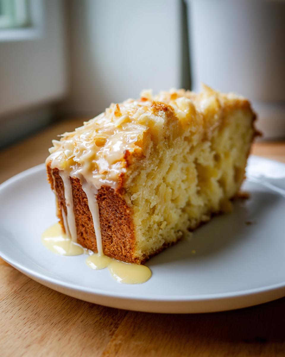 A moist slice of Hawaiian wedding cake topped with toasted coconut and dripping with sweet vanilla glaze.