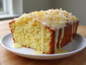 A close-up of a slice of moist Hawaiian wedding cake drizzled with sweet glaze and topped with coconut flakes.