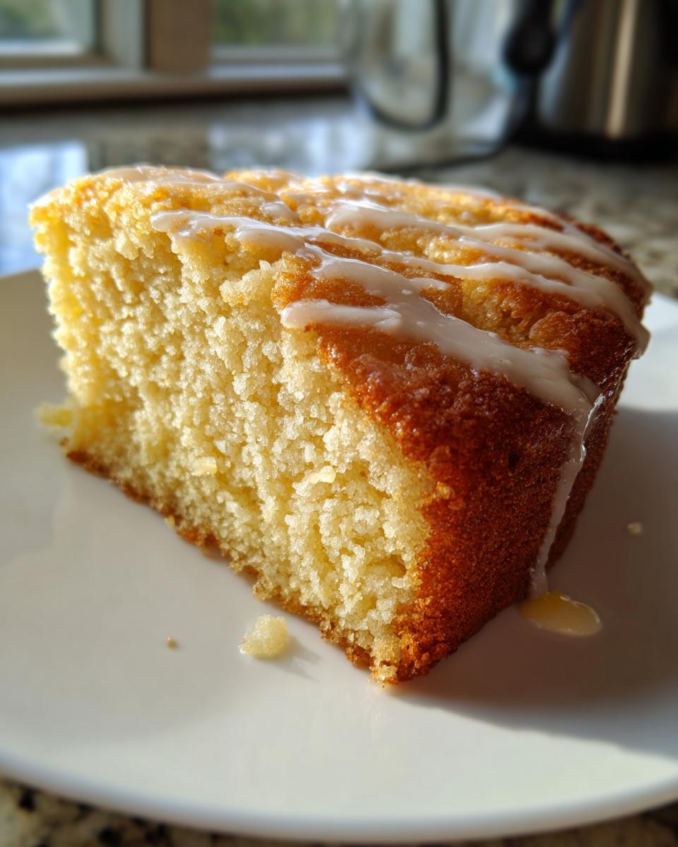 Close-up of a moist slice of healthy greek yogurt cake drizzled with a light glaze, sitting on a white plate.