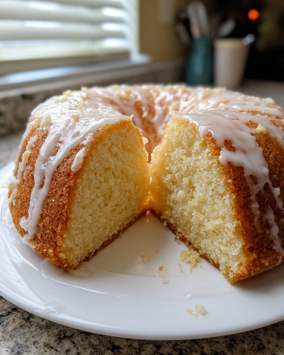 A bundt-style healthy greek yogurt cake cut in half, showing a moist crumb and drizzled with white lemon glaze.