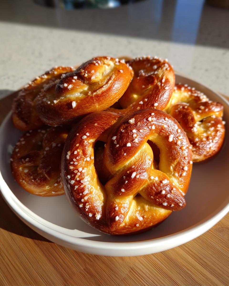 A close-up of several golden-brown, freshly baked high-protein high-fiber pretzels sprinkled with coarse salt, sitting in a white bowl.
