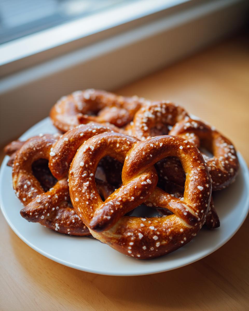 A plate piled high with golden-brown, freshly baked high-protein high-fiber pretzels sprinkled with coarse salt.