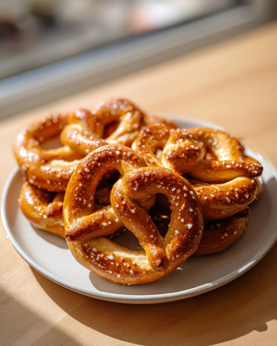 A plate piled high with freshly baked, golden-brown high-protein high-fiber pretzels sprinkled with coarse salt.