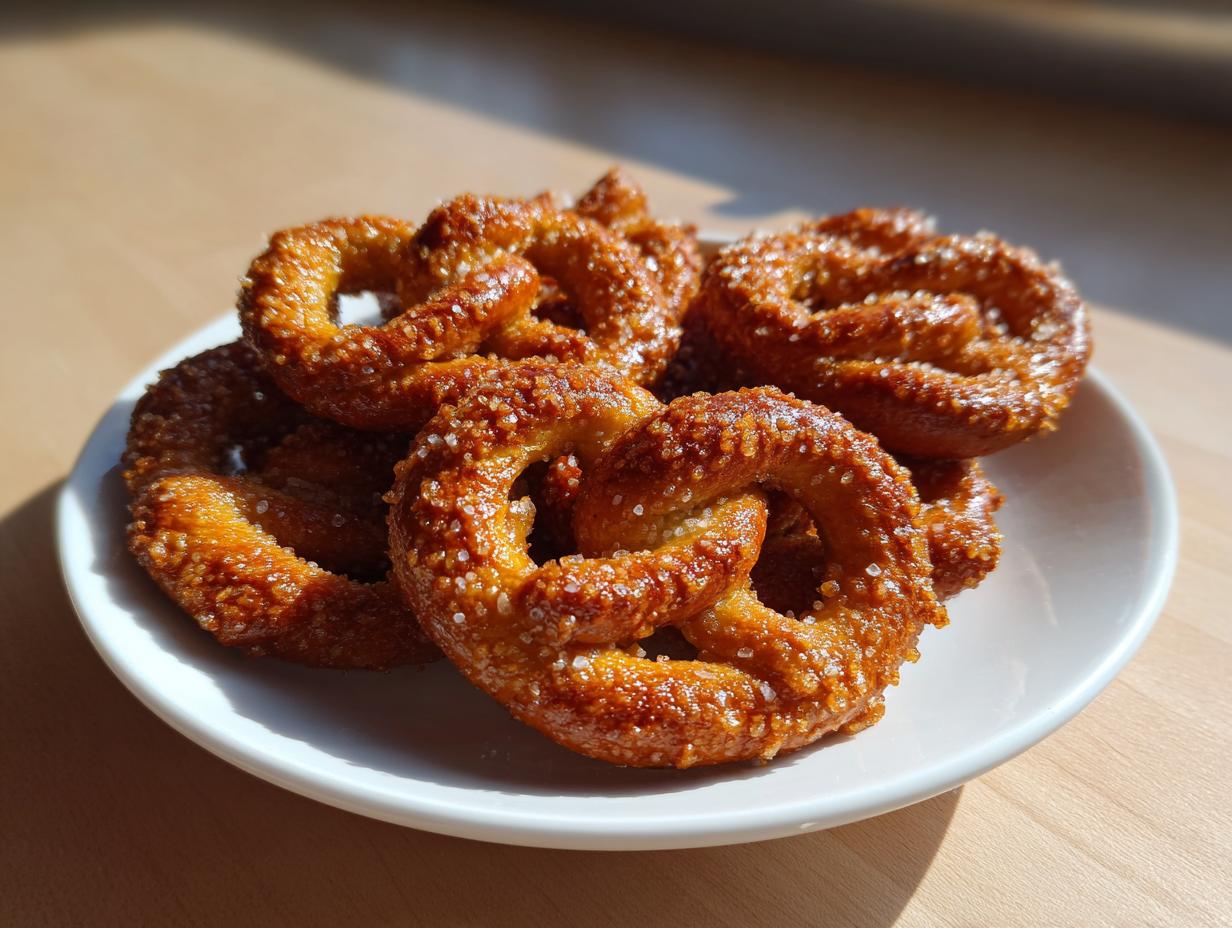 A close-up of several golden brown, salt-topped high-protein high-fiber pretzels stacked on a small white plate.