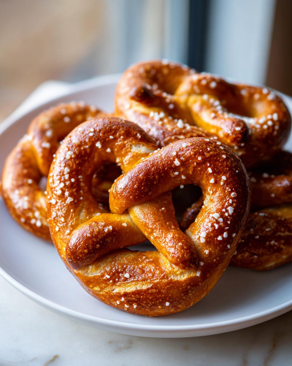 A close-up of several golden-brown, freshly baked high-protein high-fiber pretzels sprinkled with coarse salt on a white plate.