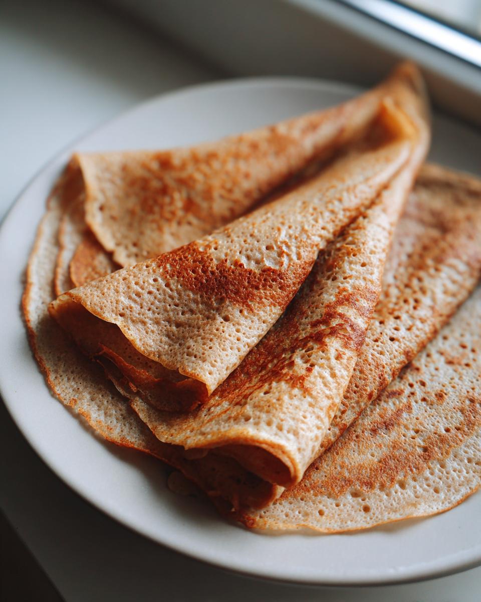 Close-up of folded high-protein oat & buckwheat crepes stacked on a white plate near a window.