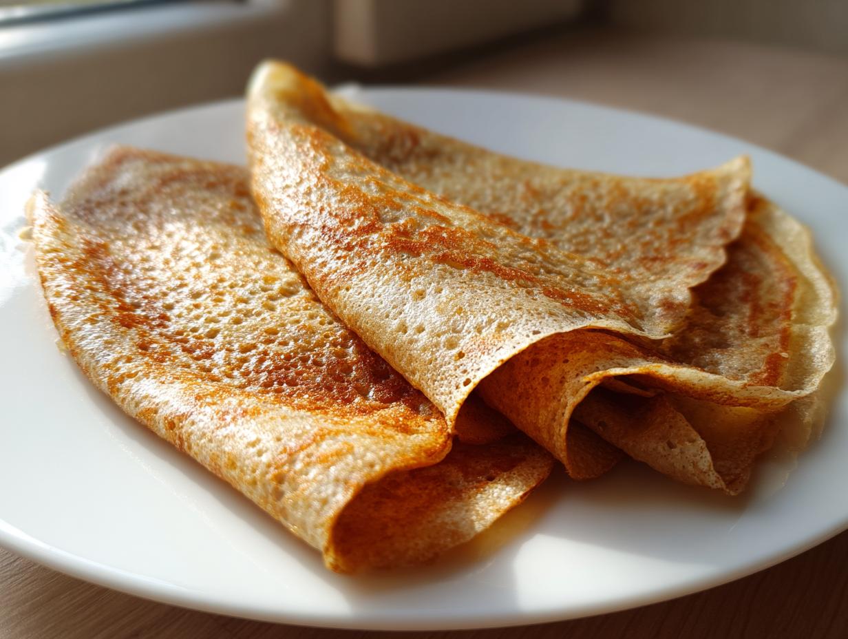 Two folded high-protein oat & buckwheat crepes with golden-brown spots resting on a white plate near a window.
