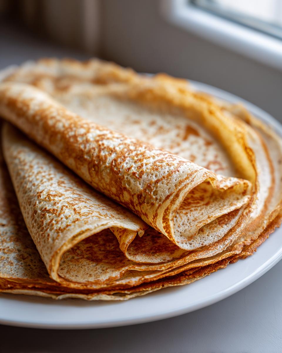A stack of golden brown, thin, rolled high-protein oat & buckwheat crepes resting on a white plate near a window.