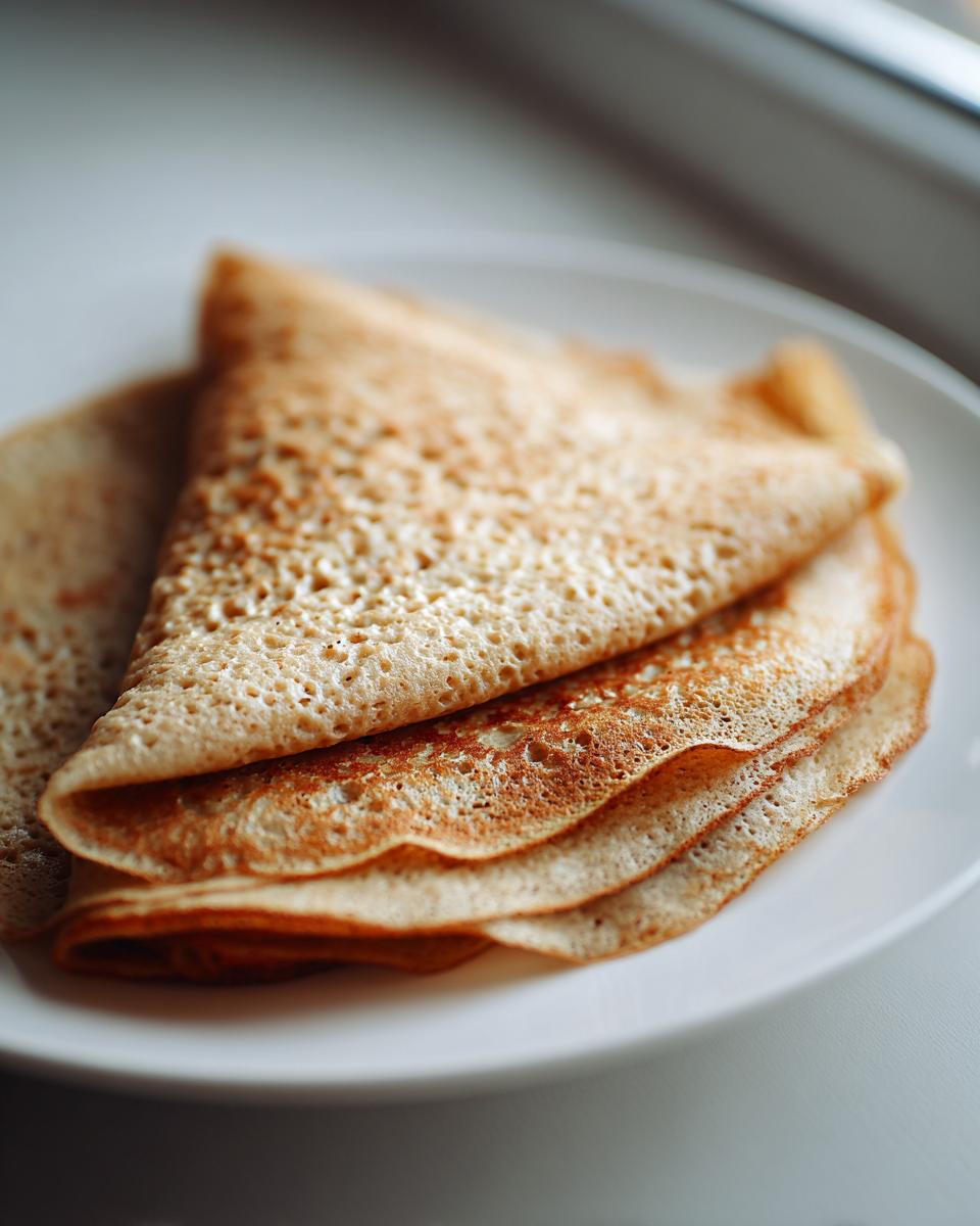 A stack of folded high-protein oat & buckwheat crepes with a delicate, lacy texture on a white plate.