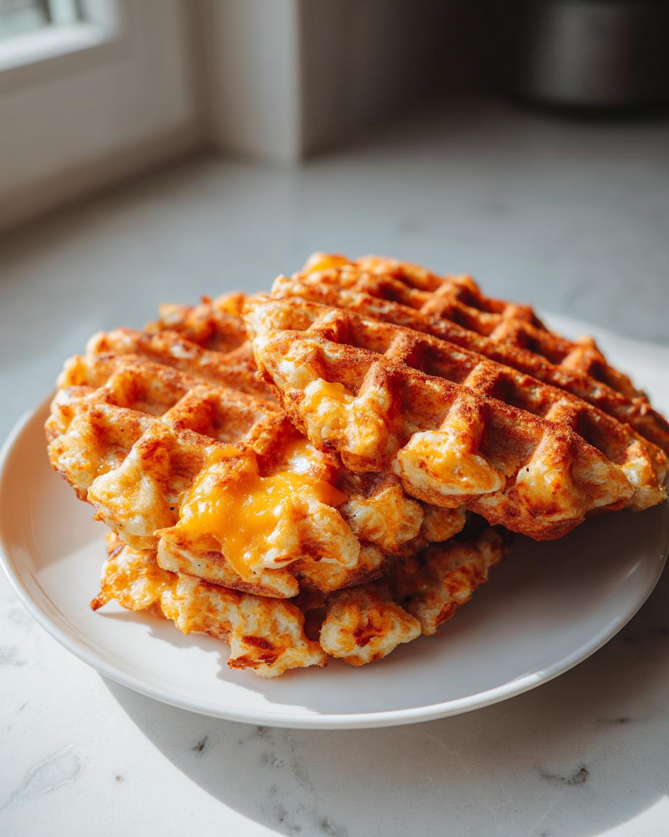 A stack of golden brown high-protein savory oat waffles featuring melted cheddar cheese pockets, served on a white plate.