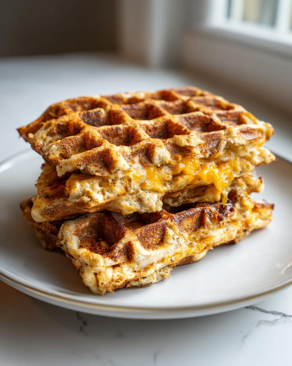 A stack of three golden brown high-protein savory oat waffles filled and topped with melted cheddar cheese.