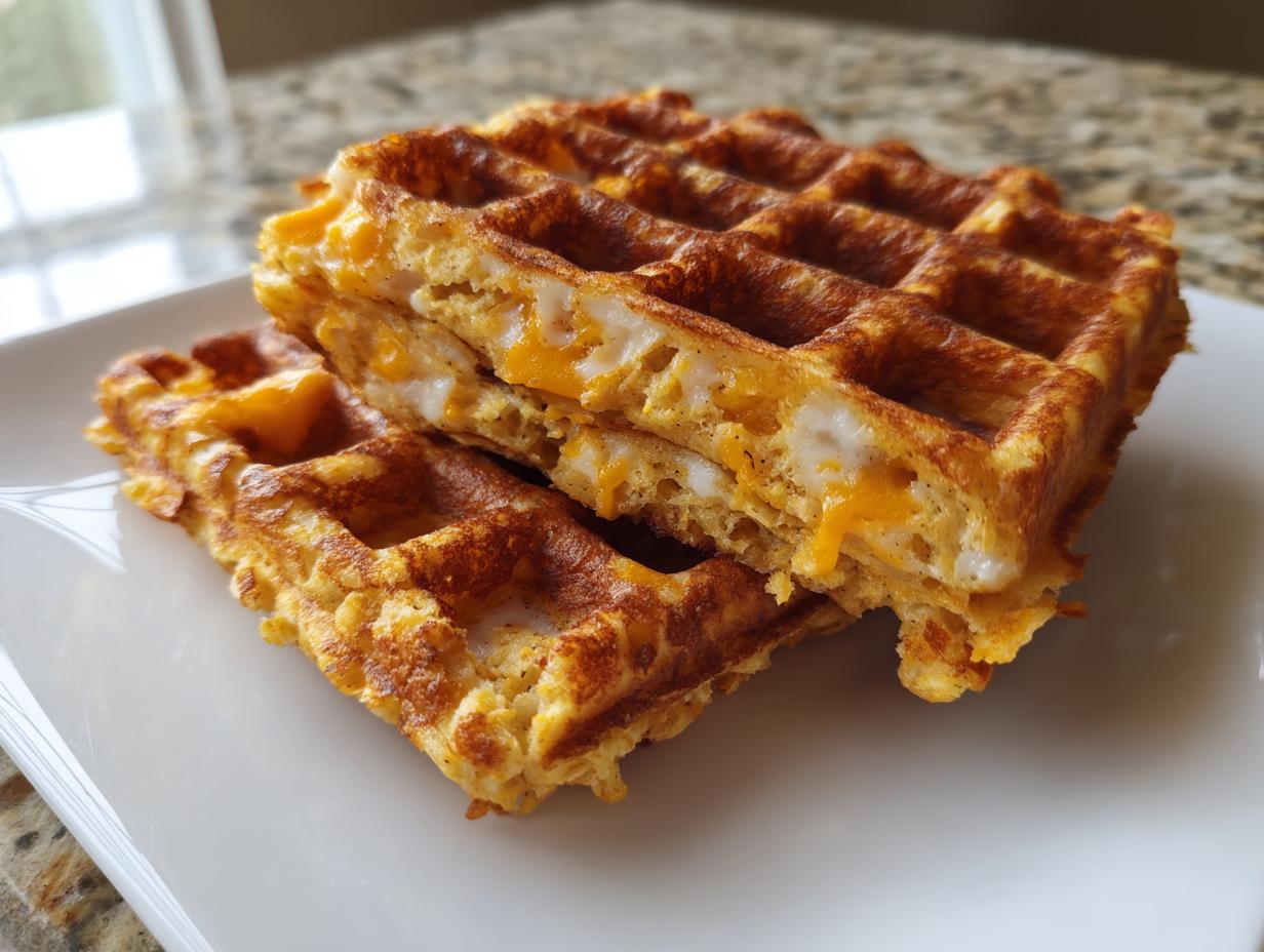 Two stacked, golden-brown high-protein savory oat waffles showing melted cheddar cheese inside.