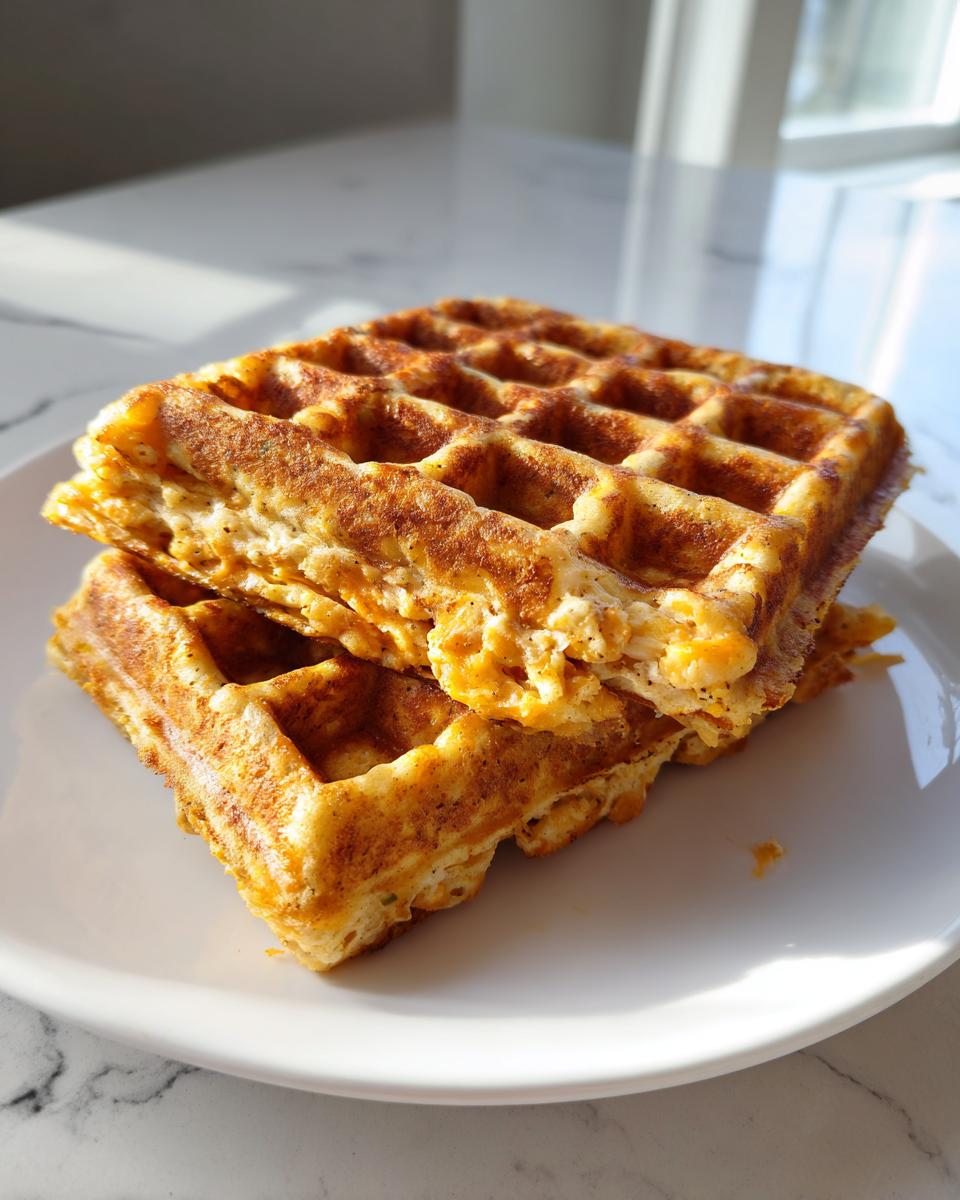 Two golden brown high-protein savory oat waffles stacked on a white plate in bright sunlight.