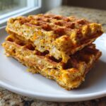 Two stacked, golden-brown high-protein savory oat waffles showing visible bits of cheese and seasoning.