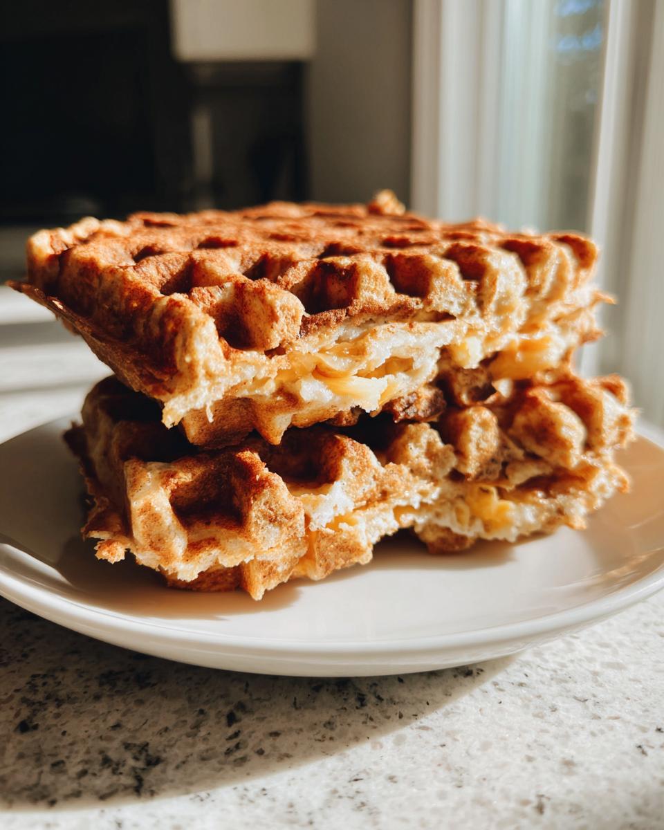 Close-up of two stacked high-protein savory oat waffles, showing a fluffy interior, dusted with seasoning.