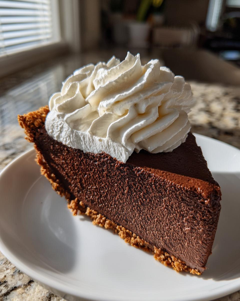 A perfect slice of homemade chocolate pie with a rich, dark filling and a generous swirl of whipped cream on top.