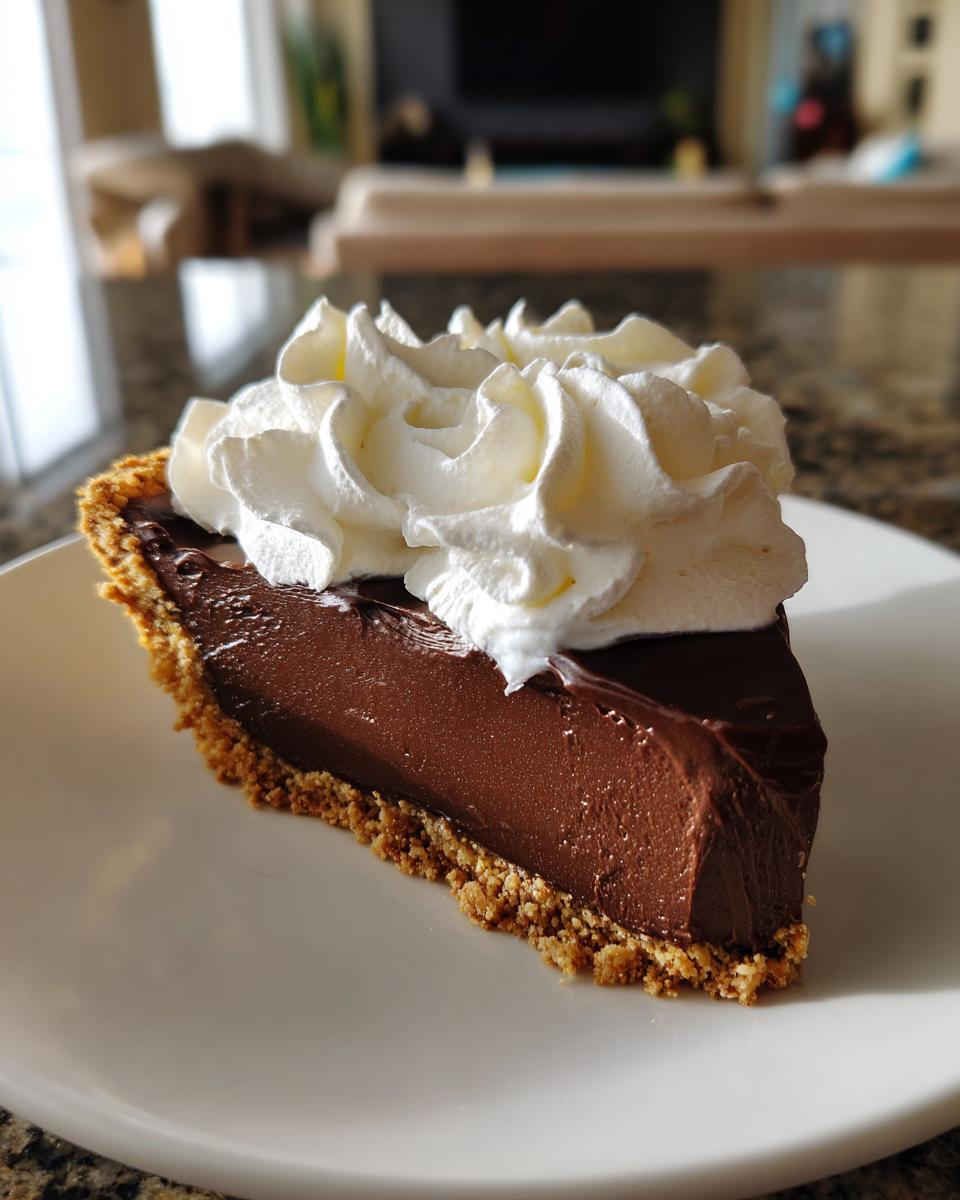 A decadent slice of homemade chocolate pie featuring a rich, dark filling and graham cracker crust, topped with fresh whipped cream.
