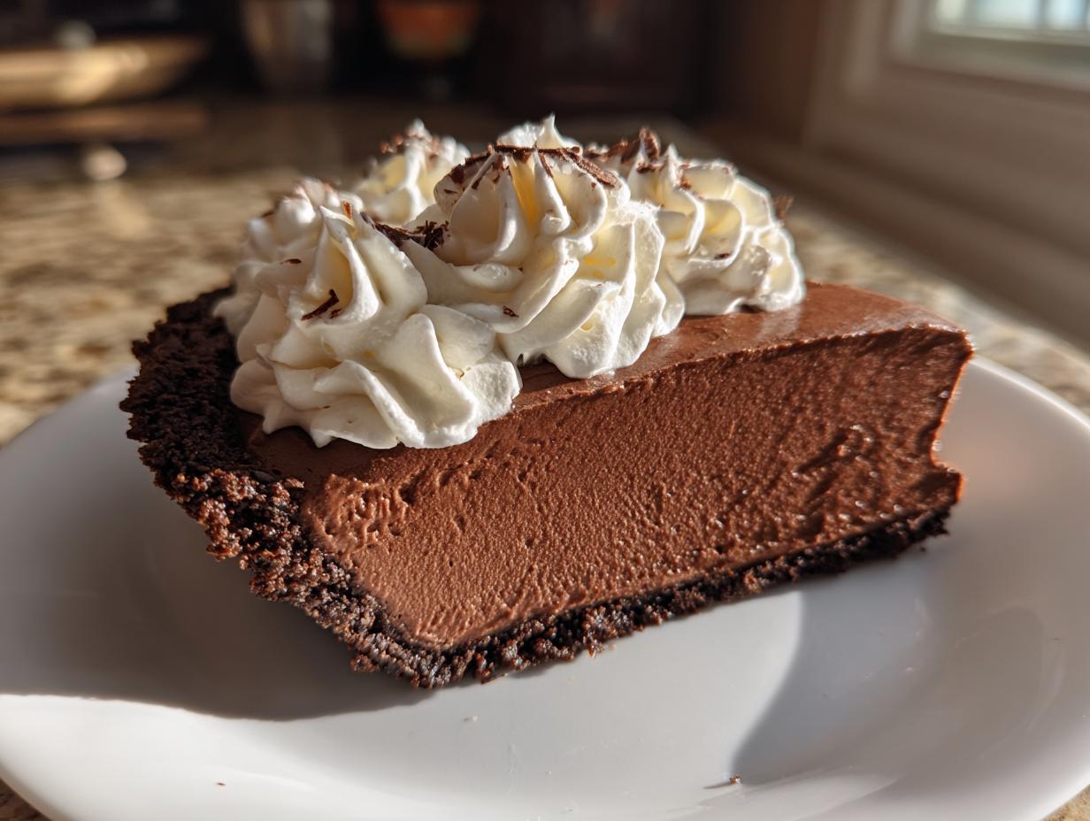 A rich slice of homemade chocolate pie with a dark crust, topped with swirls of whipped cream and chocolate shavings.