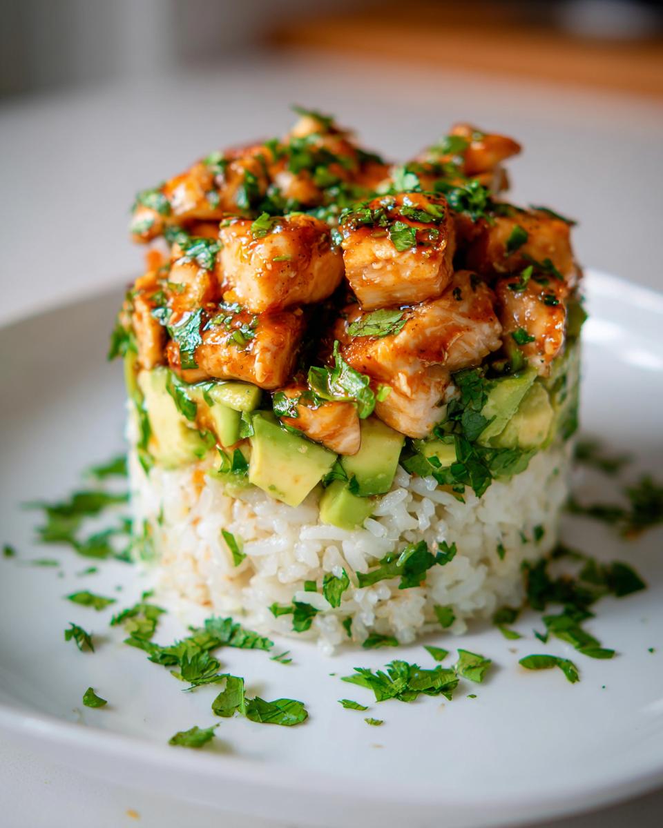 A beautifully plated, cylindrical stack of rice, diced avocado, and glazed honey lime chicken topped with cilantro.