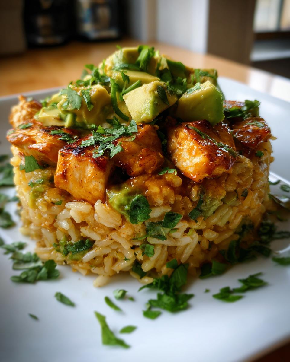 A beautifully plated stack of honey lime chicken & avocado rice, topped with diced avocado and fresh cilantro.