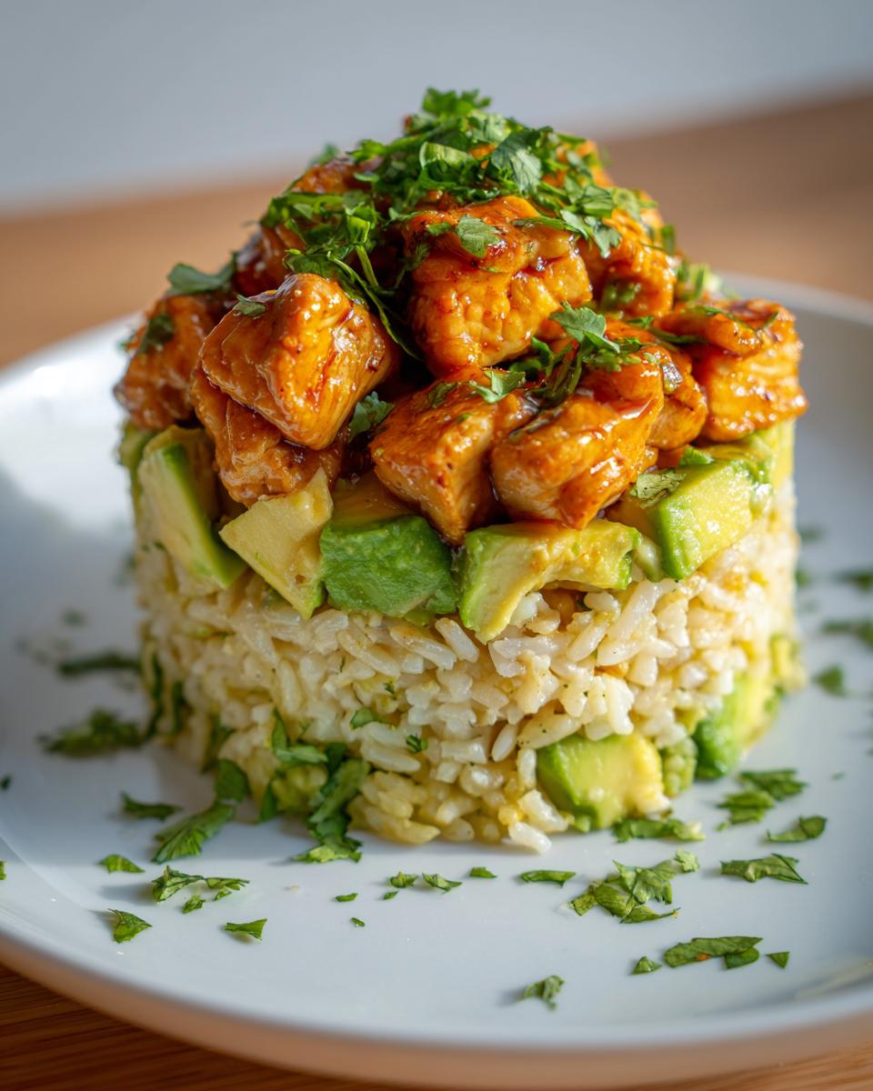 A perfectly plated honey lime chicken & avocado rice stack, topped with fresh cilantro.