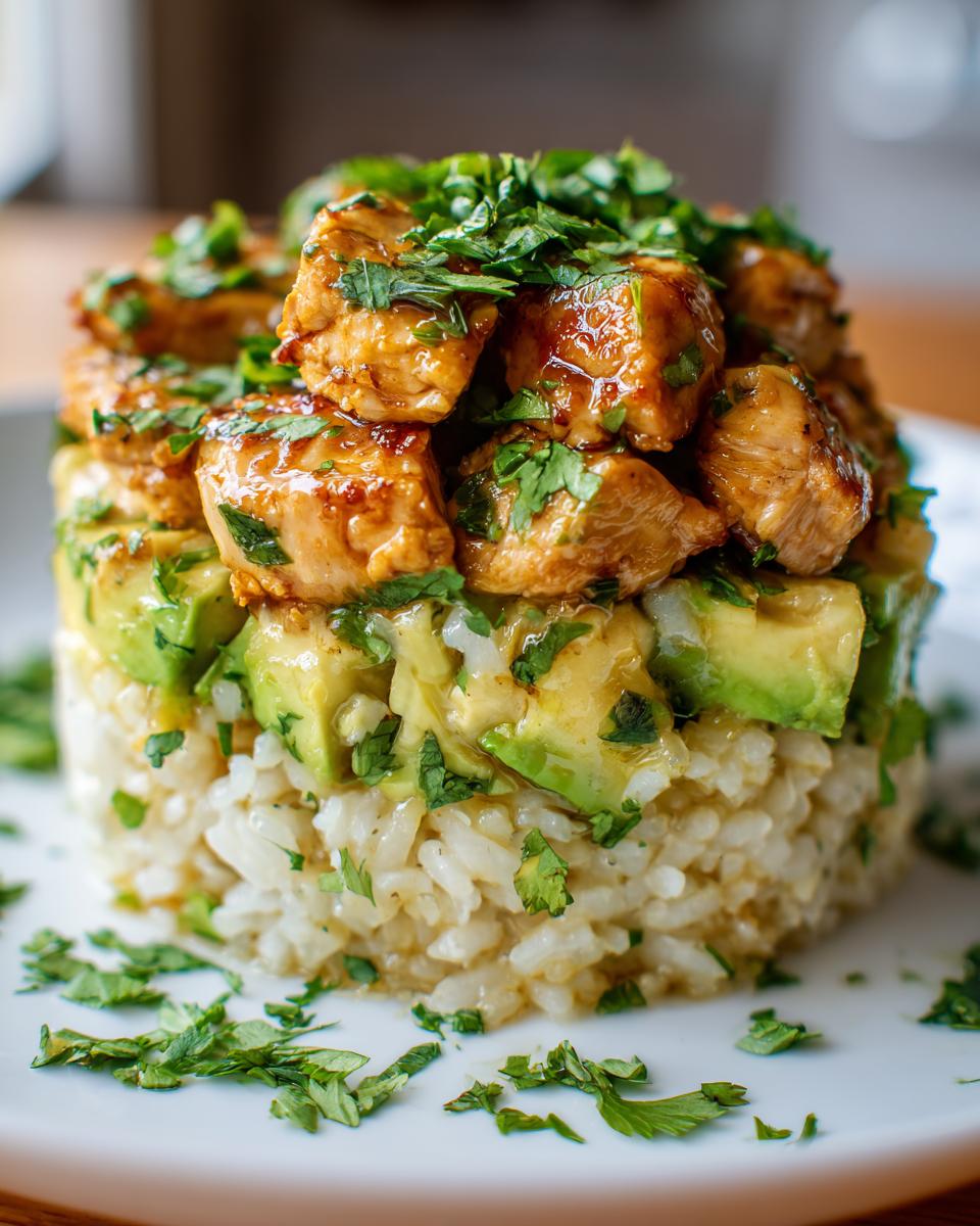 A beautifully plated, cylindrical stack featuring rice, avocado chunks, and topped with glazed honey lime chicken and fresh cilantro.