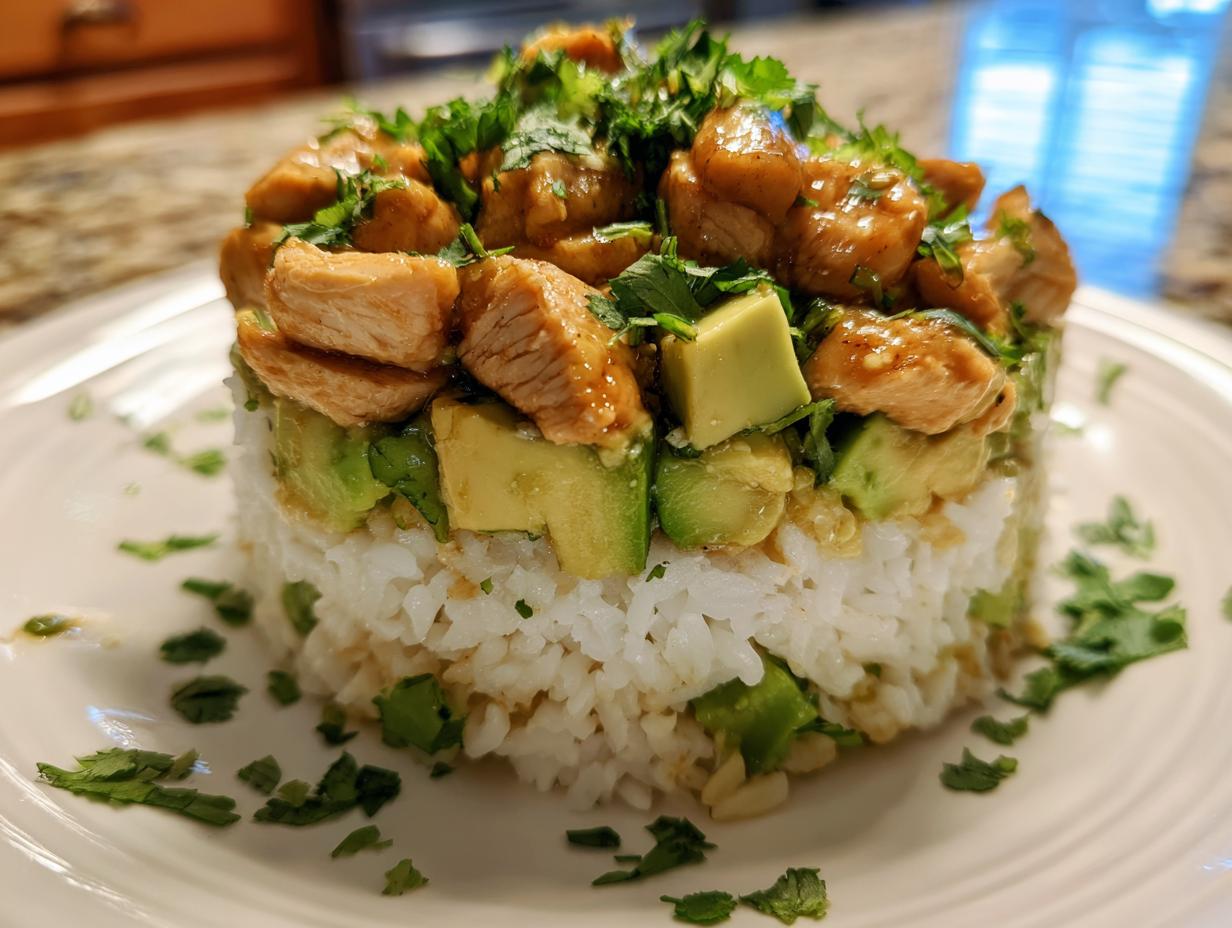 A perfectly plated honey lime chicken & avocado rice stack featuring layers of white rice, avocado chunks, and glazed chicken, topped with cilantro.