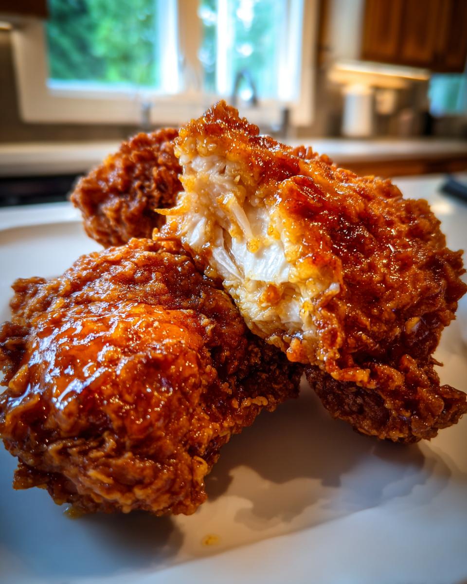 Close-up of crispy, glazed hot honey fried chicken thighs, one piece cut open showing juicy white meat.