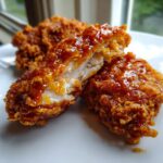 Close-up of hot honey fried chicken thighs, one piece cut open showing juicy white meat and crispy coating covered in glaze.