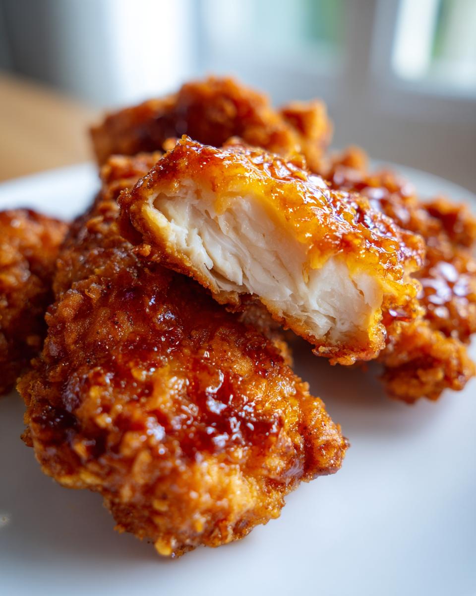 Close-up of a juicy hot honey fried chicken thigh cut open to show the white, tender meat inside the crispy coating.
