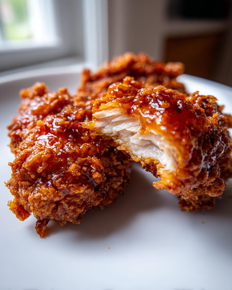 Close-up of crispy hot honey fried chicken thighs, one piece broken open showing juicy white meat.