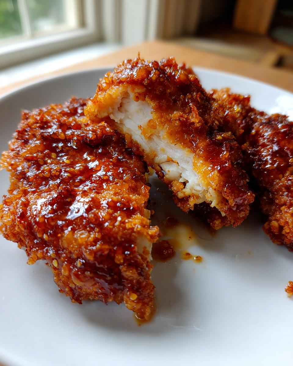 Close-up of hot honey fried chicken thighs, showing crispy coating and juicy white meat inside.