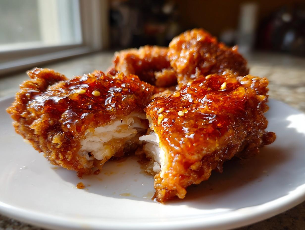 Close-up of a piece of hot honey fried chicken thighs, cut open to show juicy white meat under a thick, glossy, spicy honey glaze.