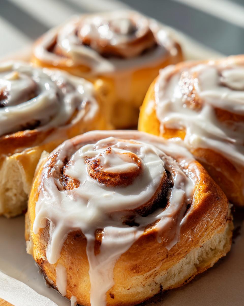 A close-up of several freshly baked, gooey cinnamon rolls recipe buns covered in thick white icing.