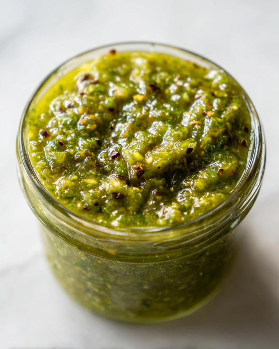 Close-up of a glass jar filled with vibrant, textured fermented green salsa, showing visible seeds and spices.