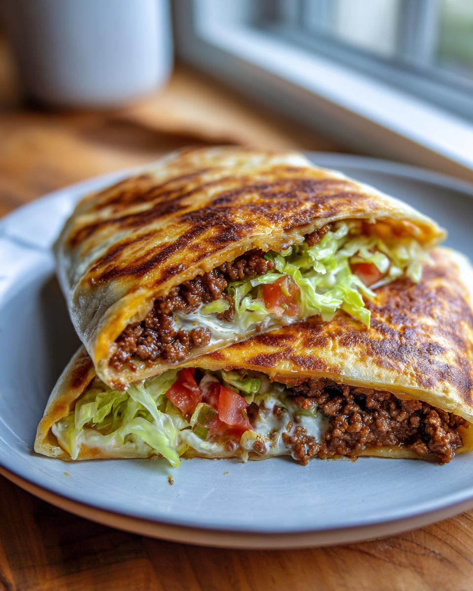 Close-up of two halves of a perfectly grilled keto crunch wraps filled with seasoned ground beef, lettuce, and sour cream.