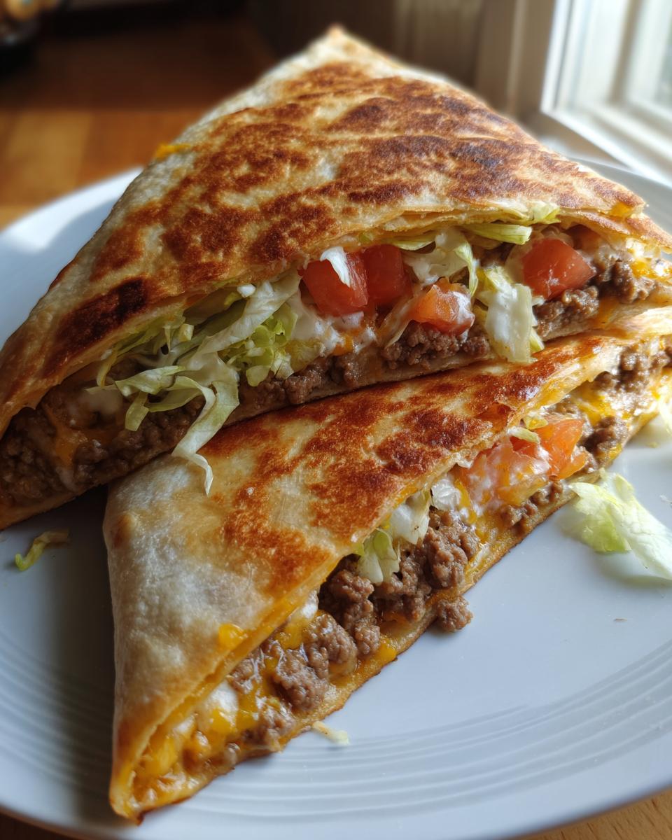 Two halves of a golden-brown keto crunch wraps, filled with seasoned ground beef, melted cheese, lettuce, and tomato, stacked on a white plate.