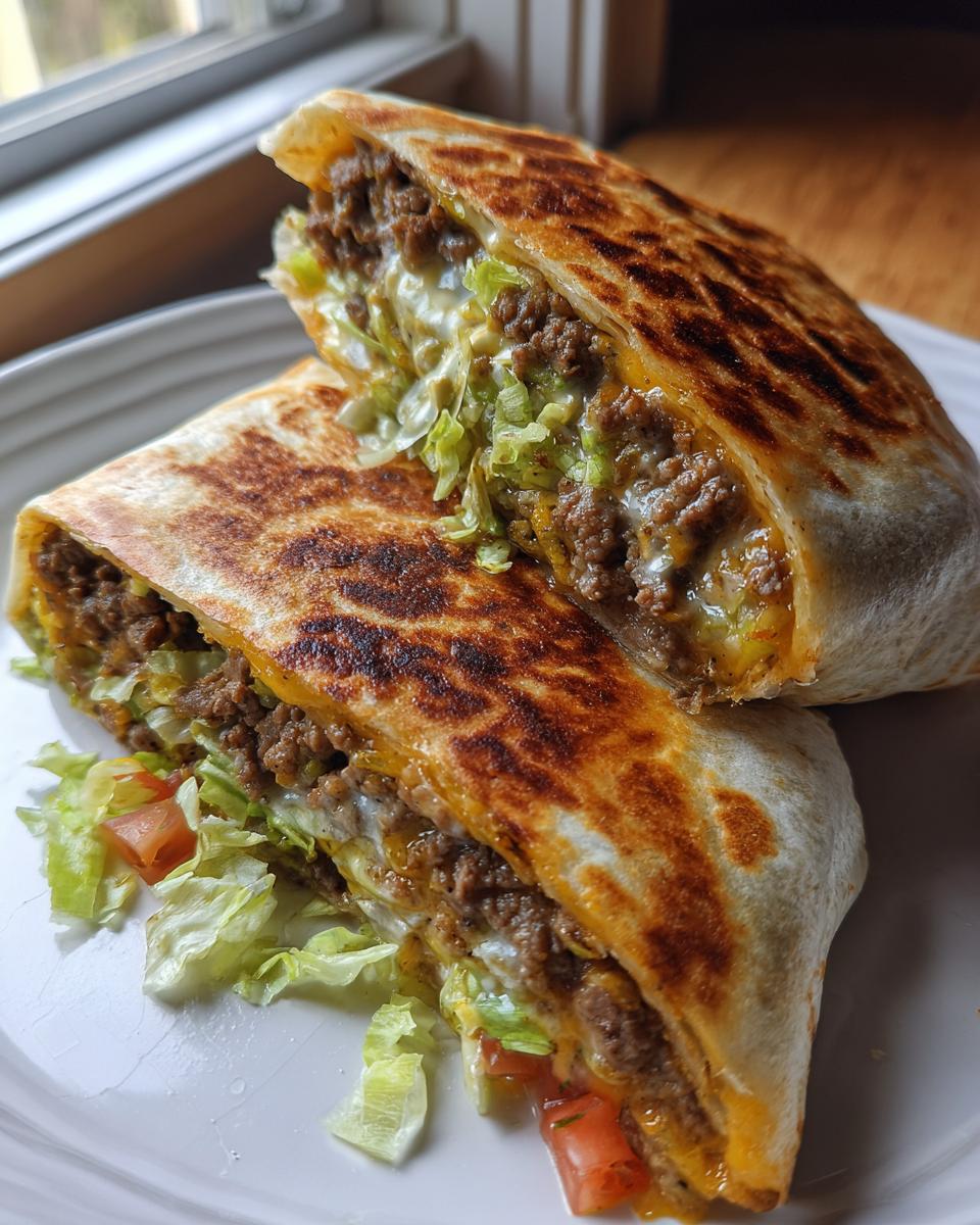 Two halves of a grilled keto crunch wrap, showing seasoned ground beef, melted cheese, lettuce, and tomato filling.