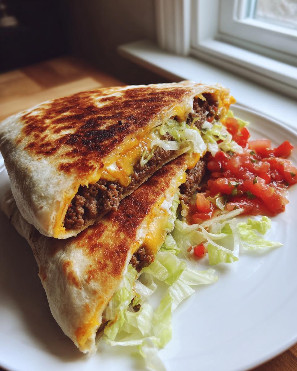 A cross-section view of a golden-brown keto crunch wraps filled with seasoned ground beef, melted cheese, and lettuce.