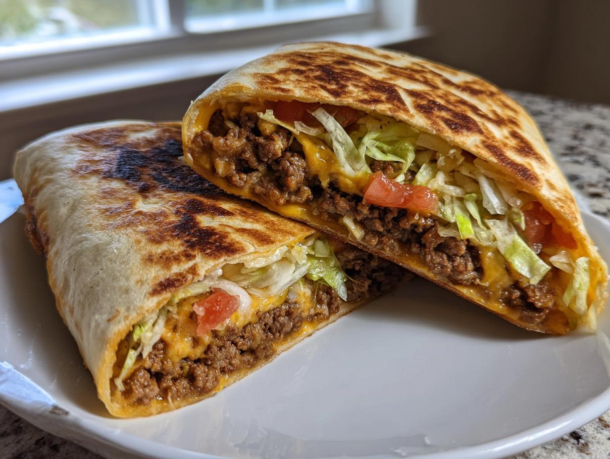 Two halves of a grilled keto crunch wraps showing seasoned ground beef, melted cheese, lettuce, and tomato filling.