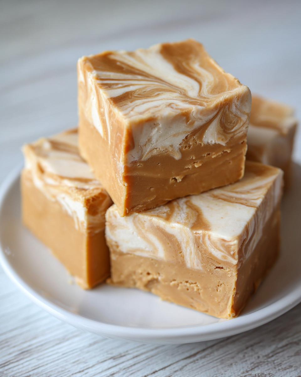 Close-up of stacked squares of keto peanut butter vanilla swirl fudge with a marbled top.