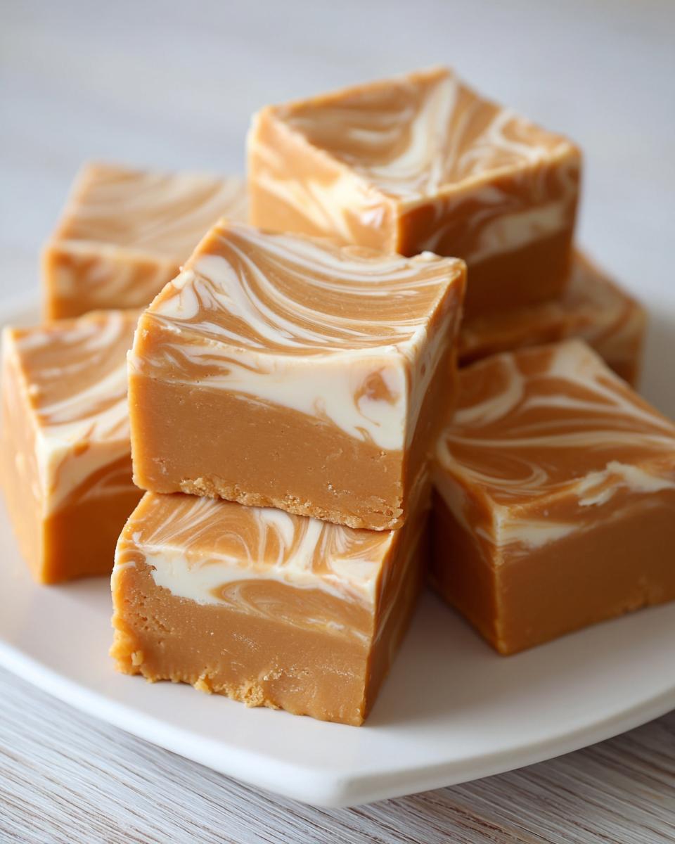 Close-up of stacked squares of keto peanut butter vanilla swirl fudge showing a creamy texture and marbled top.
