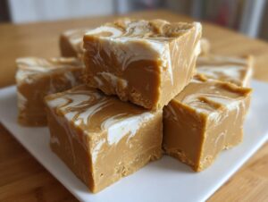 Close-up of stacked squares of keto peanut butter vanilla swirl fudge on a white plate.